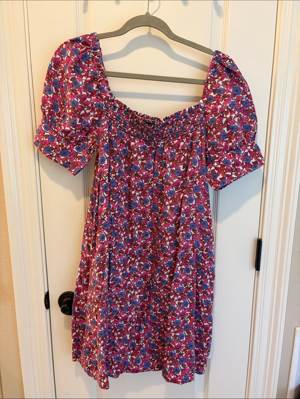 J. Crew Magenta and Blue Floral Puff-Sleeve Sundress